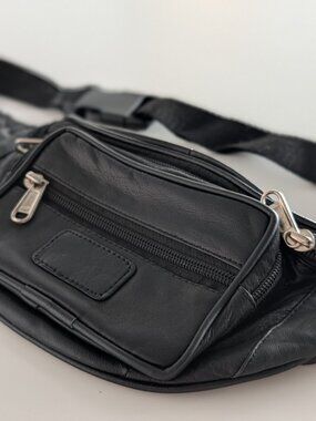 Genuine Leather Black Fanny Pack Belt Bag - Multiple Pockets